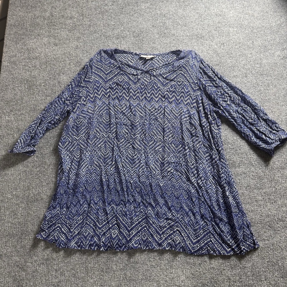 Woman Within Blue White Geometric Chevron Print Split Neck Tunic Blouse L(18/20)